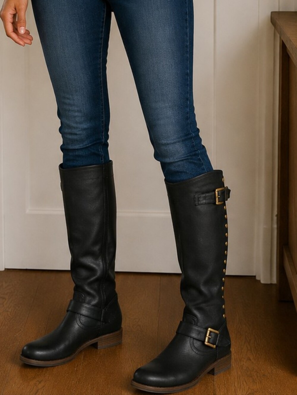 Journee Collection Black Knee High Buckle & Stud Boots